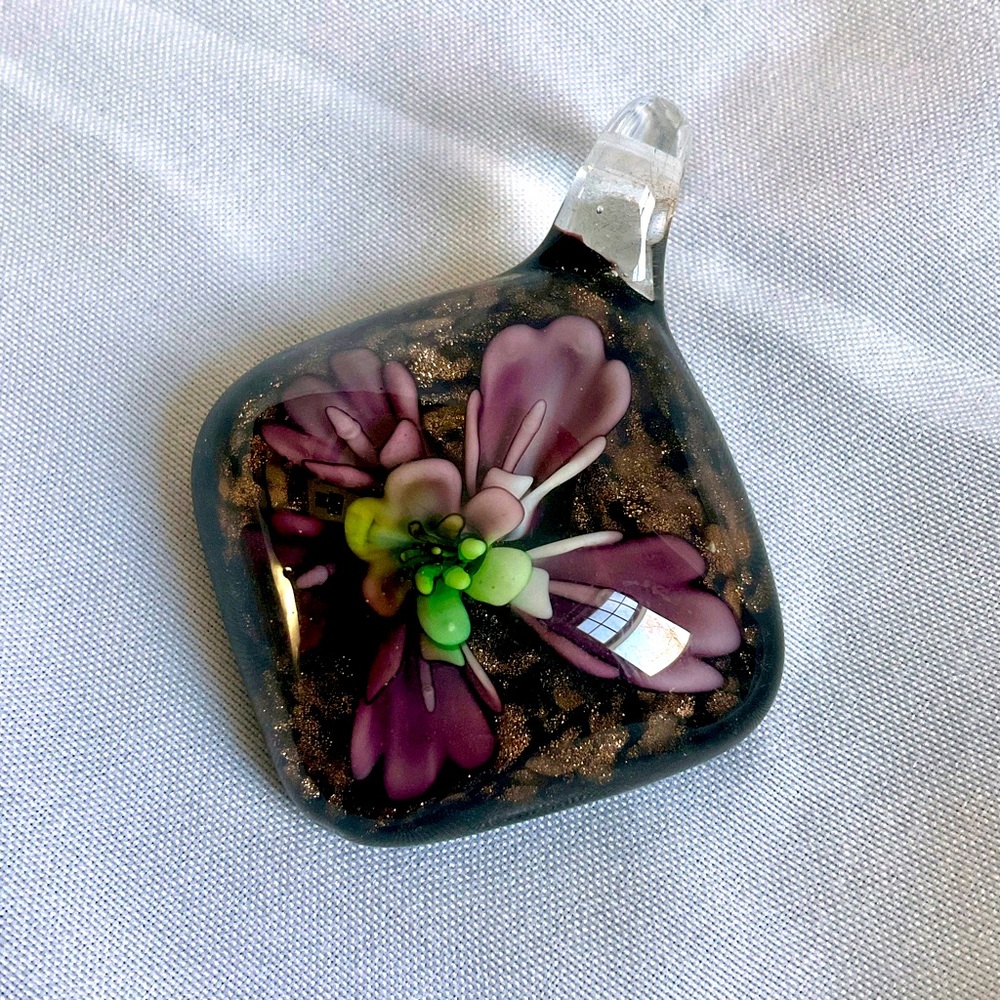 Handcrafted Lampwork Glass Pendant. Cube. Purple Flower.